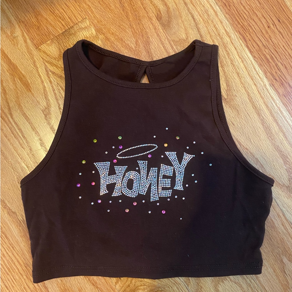 Brown cropped bedazzled honey top
